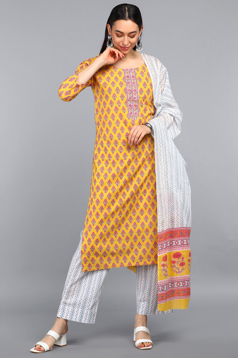  Women Mustard Printed Kurti Trousers With Dupatta 