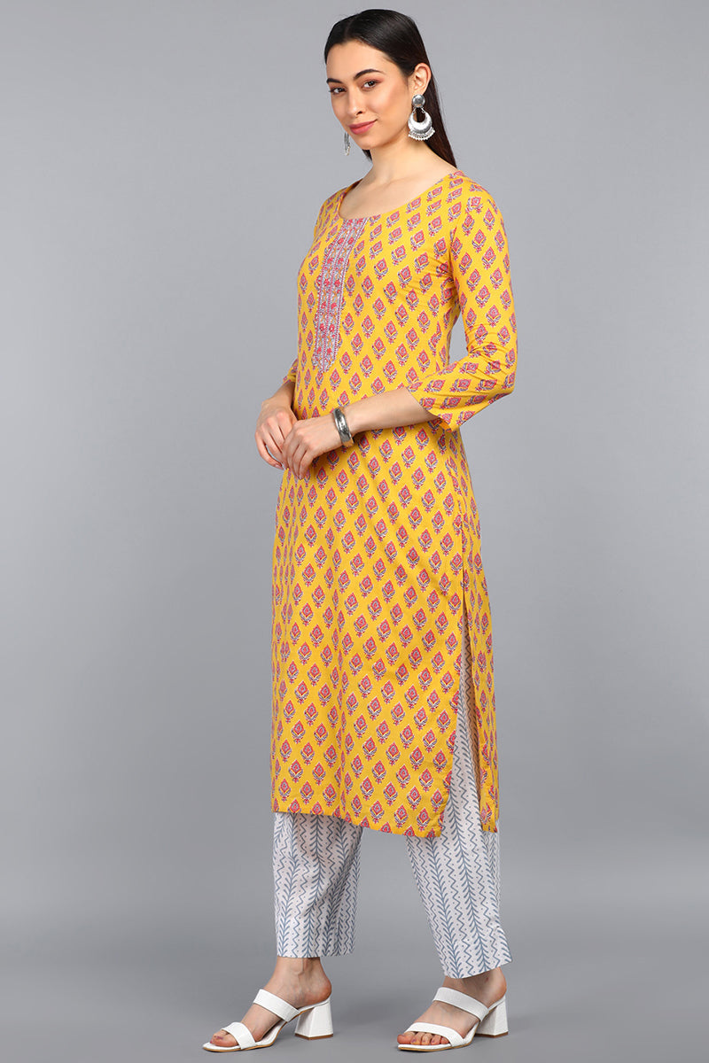  Women Mustard Printed Kurti Trousers With Dupatta 