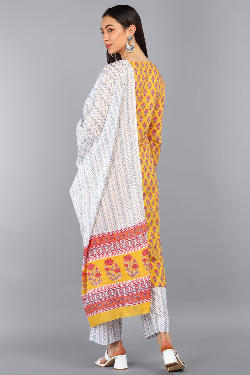  Women Mustard Printed Kurti Trousers With Dupatta 