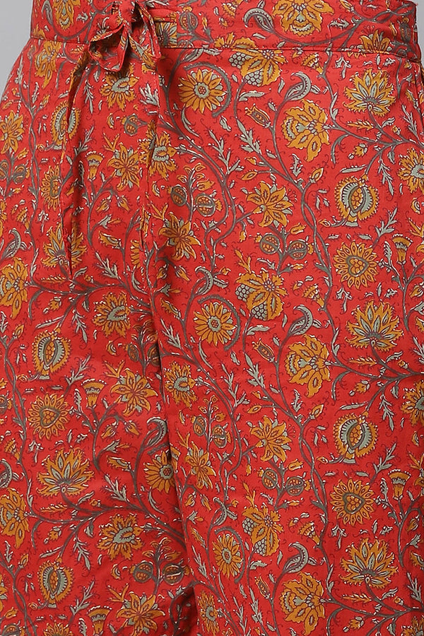 Red Floral Printed Polyester Straight Suit Set PKSKD1067