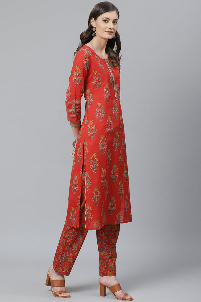 Red Floral Printed Polyester Straight Suit Set PKSKD1067