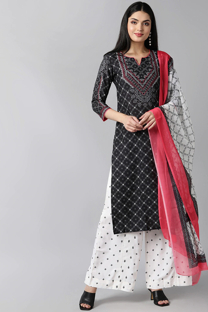  Women Black Ethnic Motifs Printed Regular Kurta with Palazzos Dupatta Set