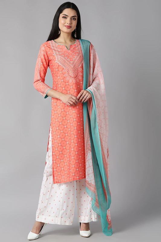  Women Peach Coloured White Ethnic Motifs Printed Kurta with Palazzos Dupatta Set