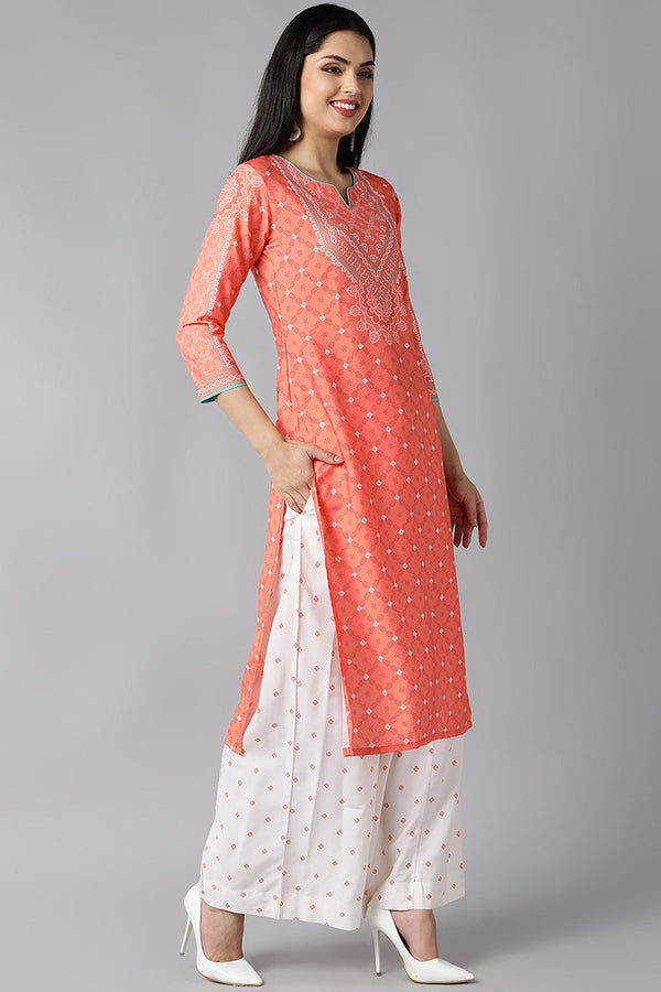  Women Peach Coloured White Ethnic Motifs Printed Kurta with Palazzos Dupatta Set