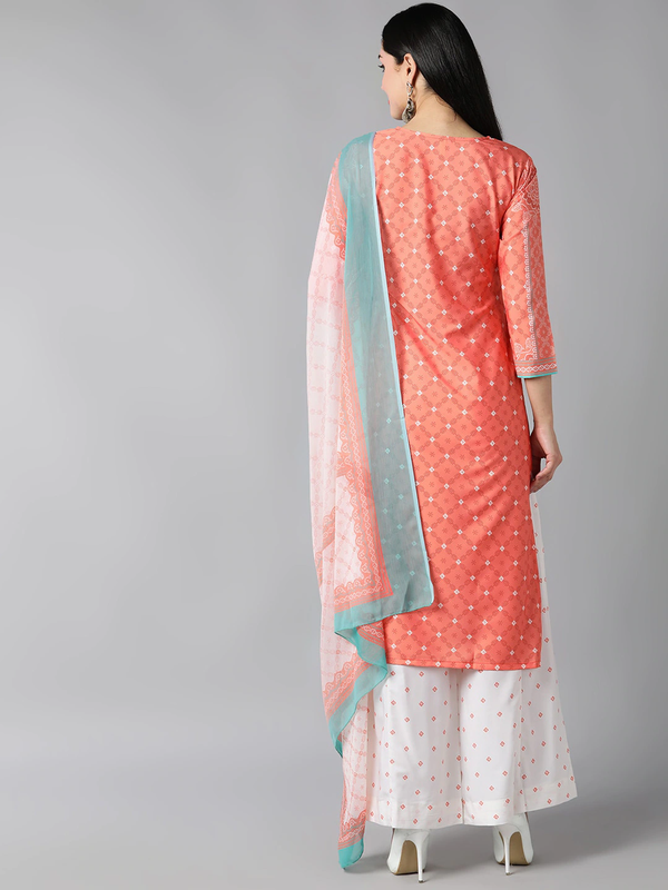  Women Peach Coloured White Ethnic Motifs Printed Kurta with Palazzos Dupatta Set