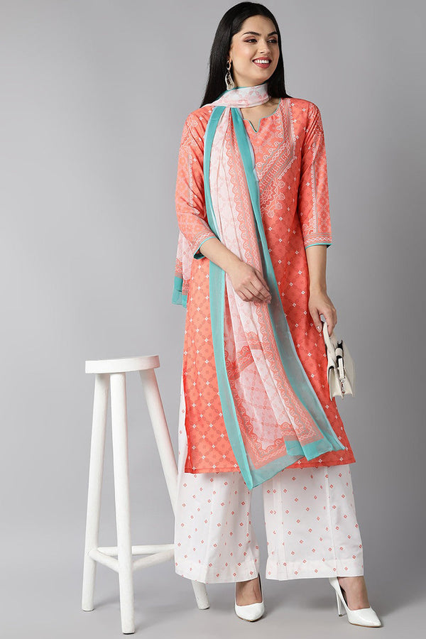  Women Peach Coloured White Ethnic Motifs Printed Kurta with Palazzos Dupatta Set