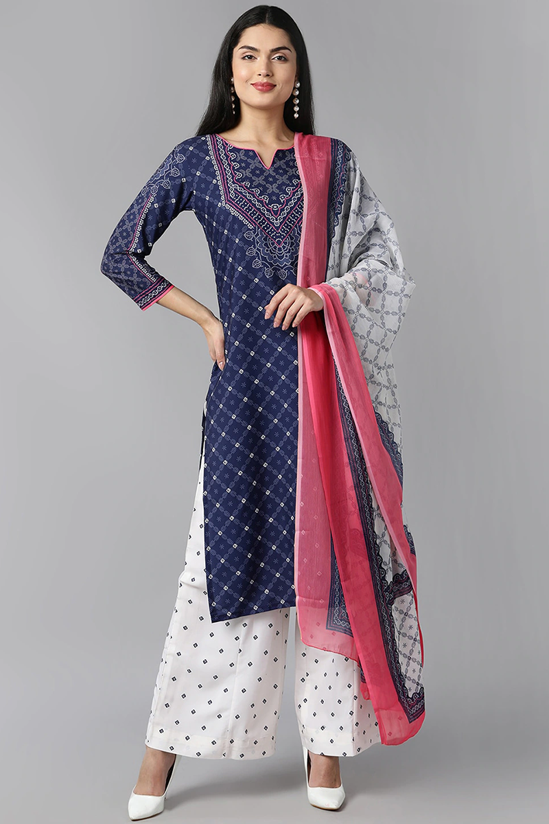  Women Navy Blue Ethnic Motifs Printed Regular Kurta with Palazzos With Dupatta Set