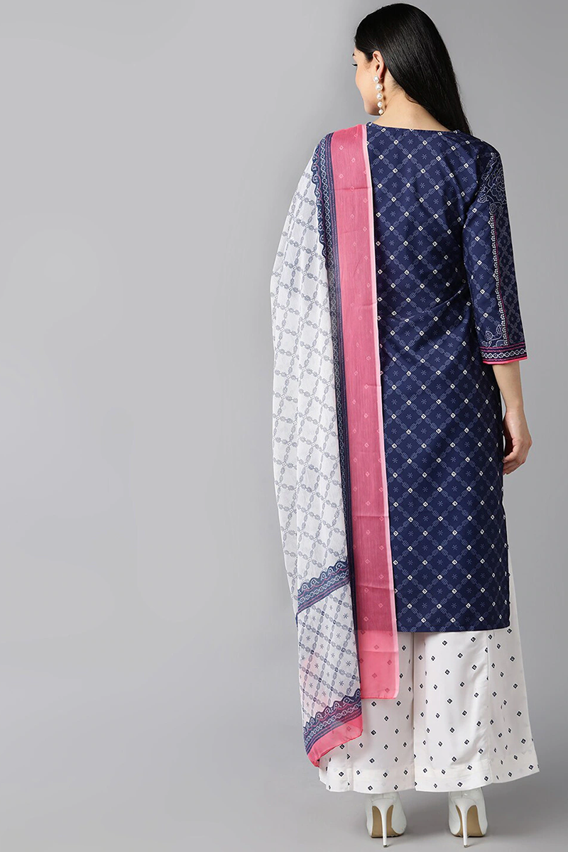  Women Navy Blue Ethnic Motifs Printed Regular Kurta with Palazzos With Dupatta Set