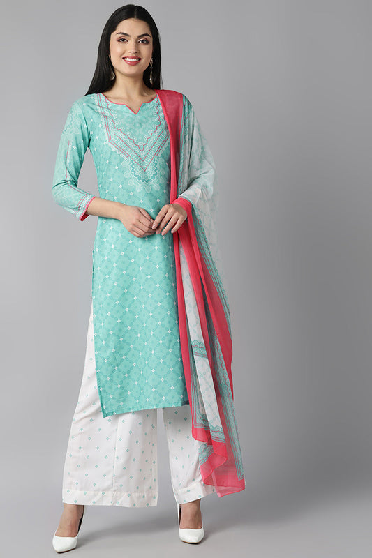  Women Sea Green Ethnic Motifs Printed Regular Kurta with Palazzos With Dupatta Set