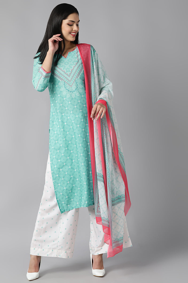  Women Sea Green Ethnic Motifs Printed Regular Kurta with Palazzos With Dupatta Set