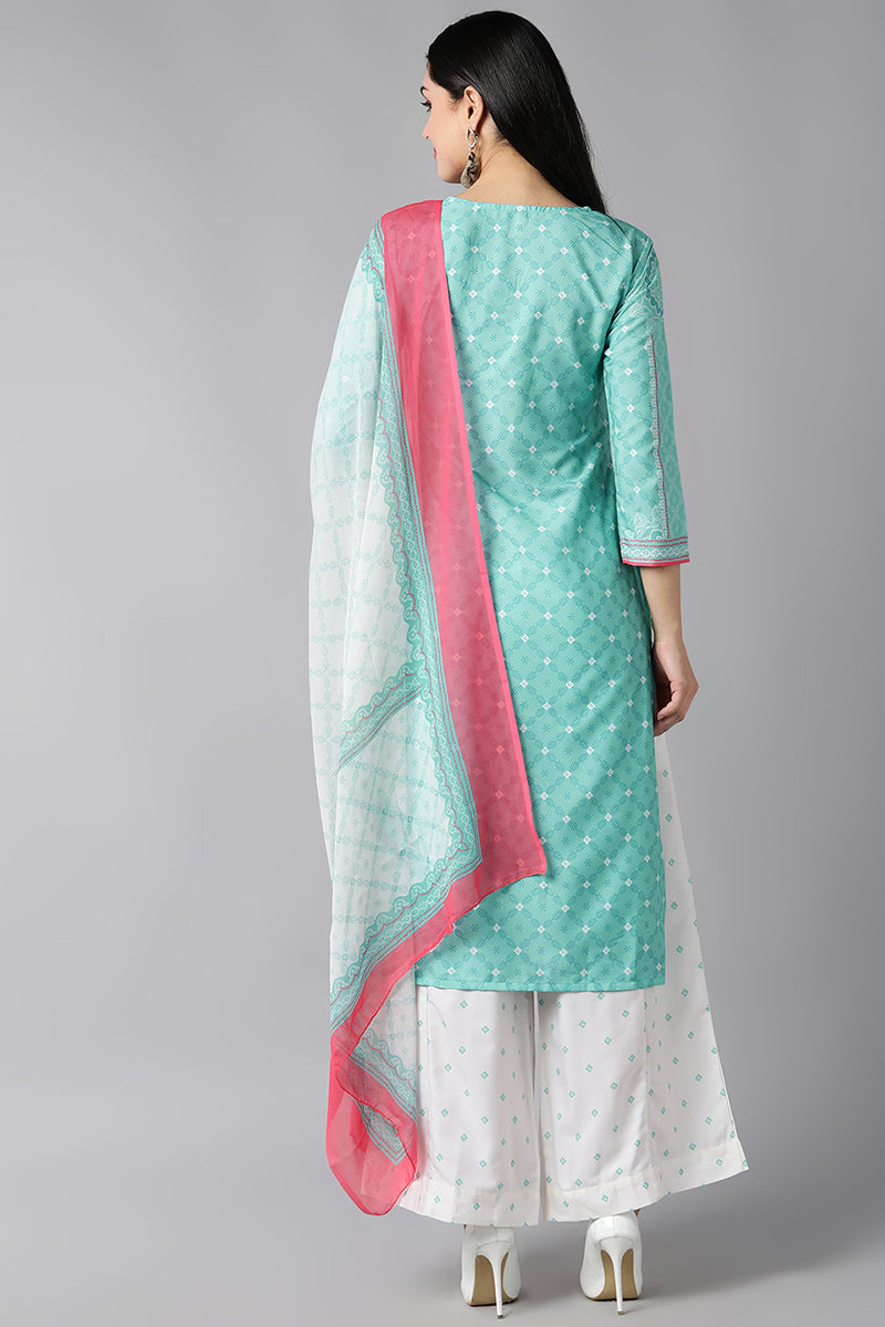  Women Sea Green Ethnic Motifs Printed Regular Kurta with Palazzos With Dupatta Set