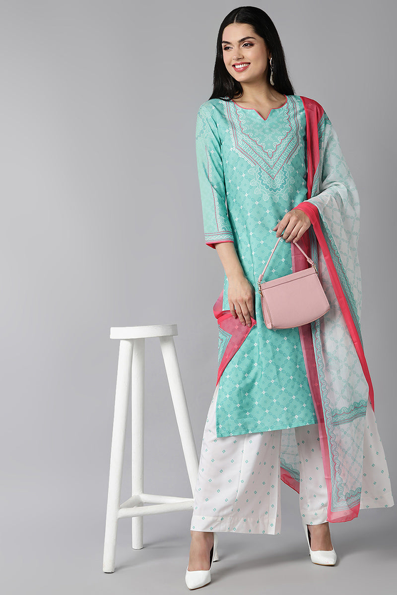  Women Sea Green Ethnic Motifs Printed Regular Kurta with Palazzos With Dupatta Set