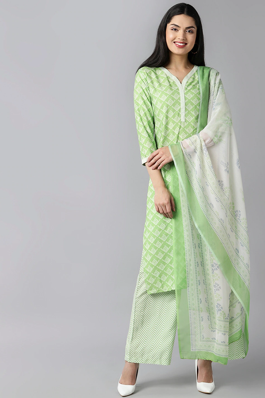  Women Lime Green Ethnic Motifs Printed Kurta with Palazzos With Dupatta Set