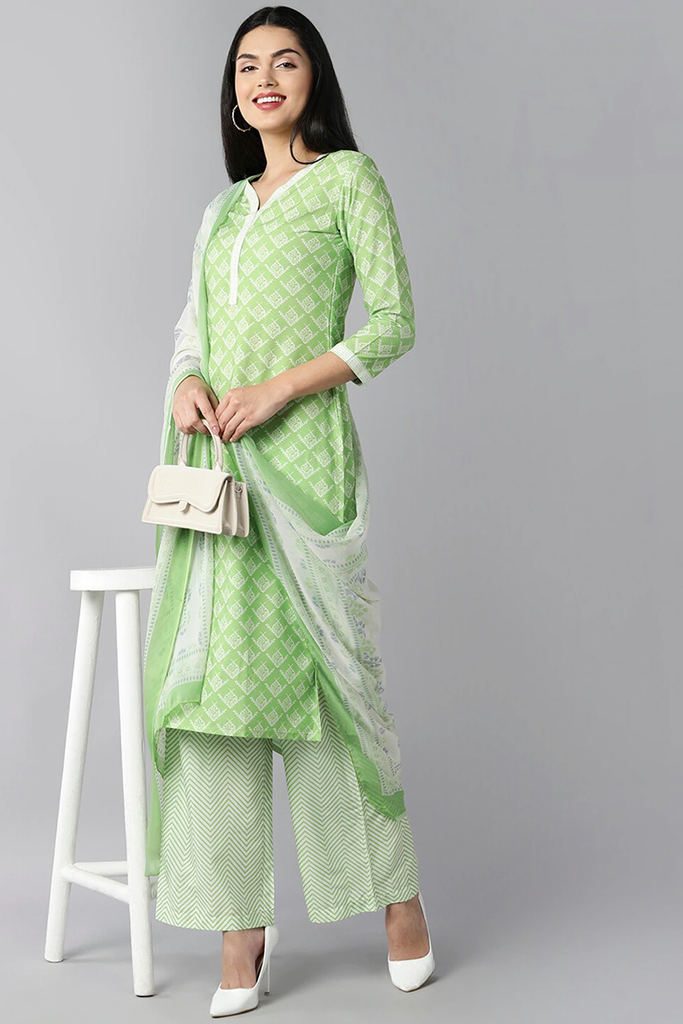  Women Lime Green Ethnic Motifs Printed Kurta with Palazzos With Dupatta Set