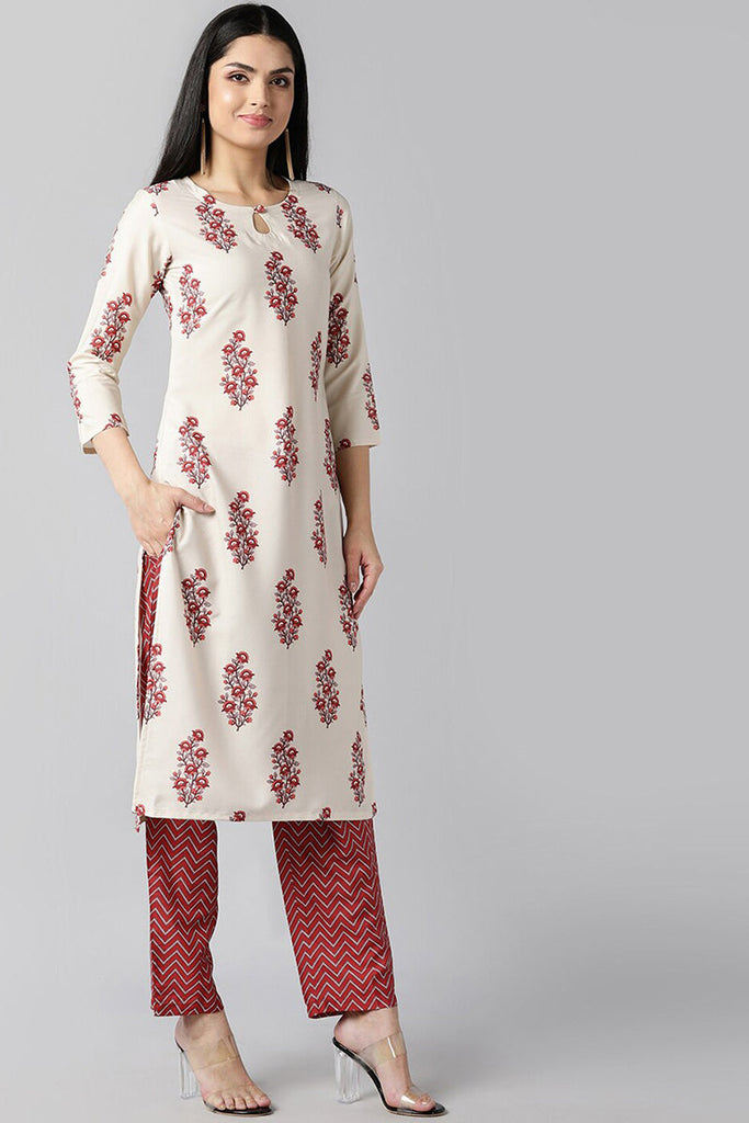  Women Off White Floral Printed Regular Kurta with Trousers Dupatta Set 