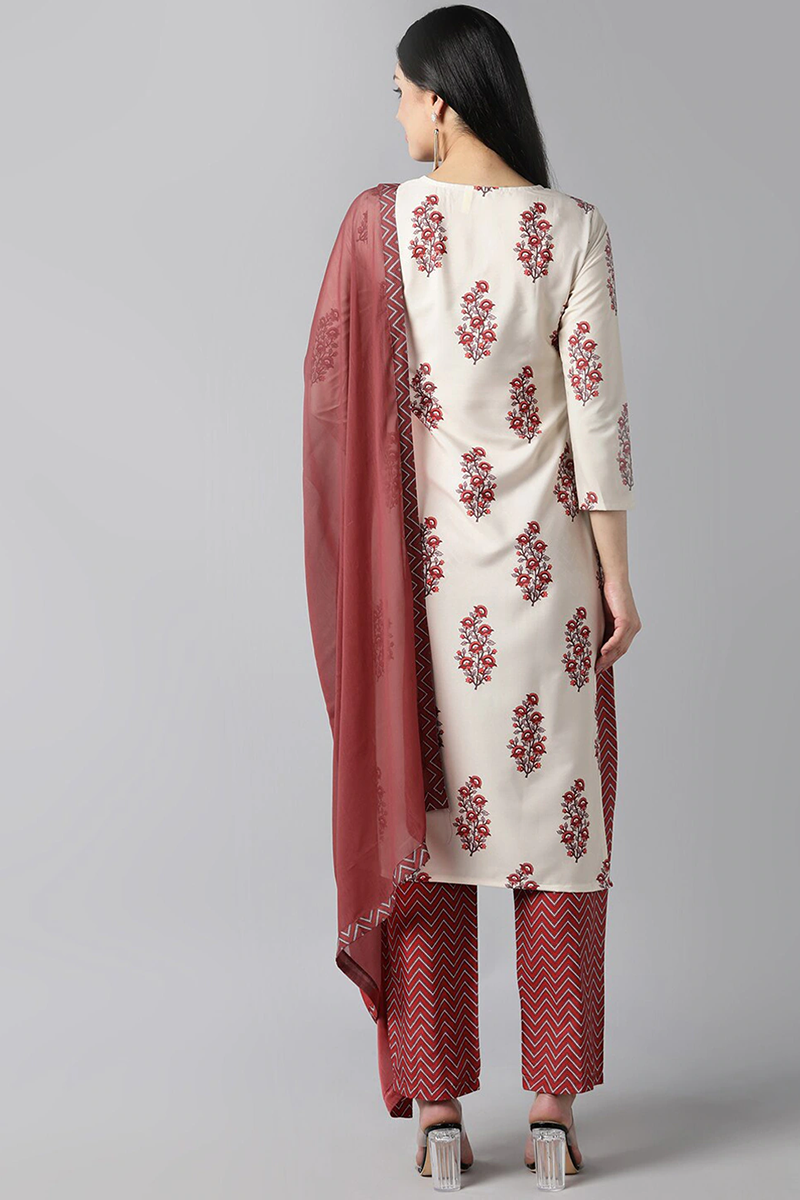  Women Off White Floral Printed Regular Kurta with Trousers Dupatta Set 