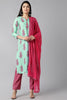  Women Sea Green Floral Printed Regular Kurta with Trousers With Dupatta Set