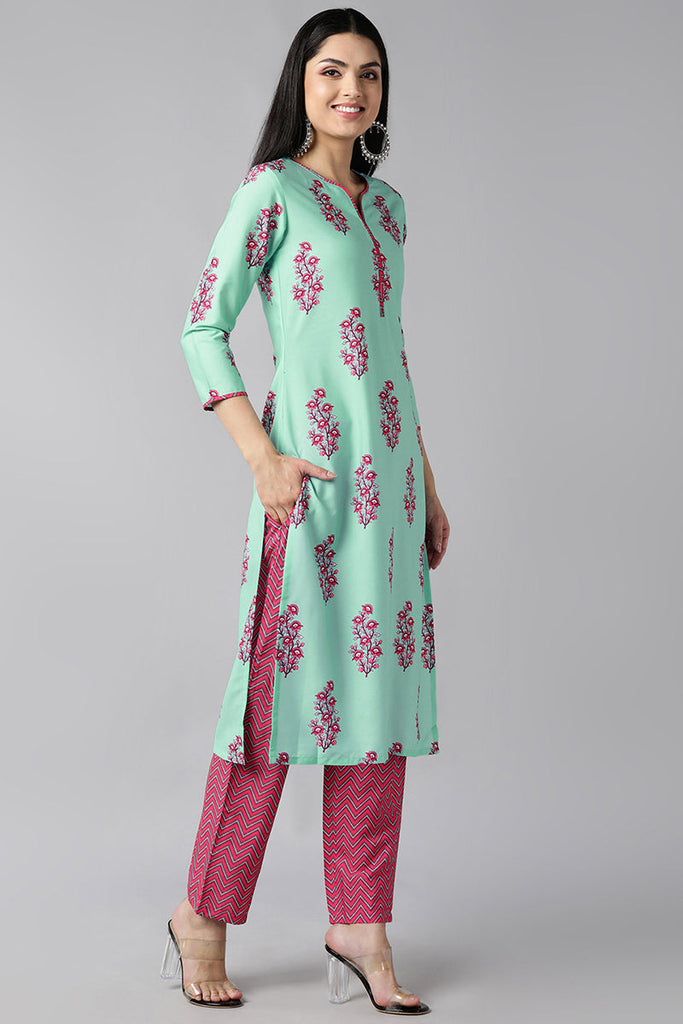  Women Sea Green Floral Printed Regular Kurta with Trousers With Dupatta Set