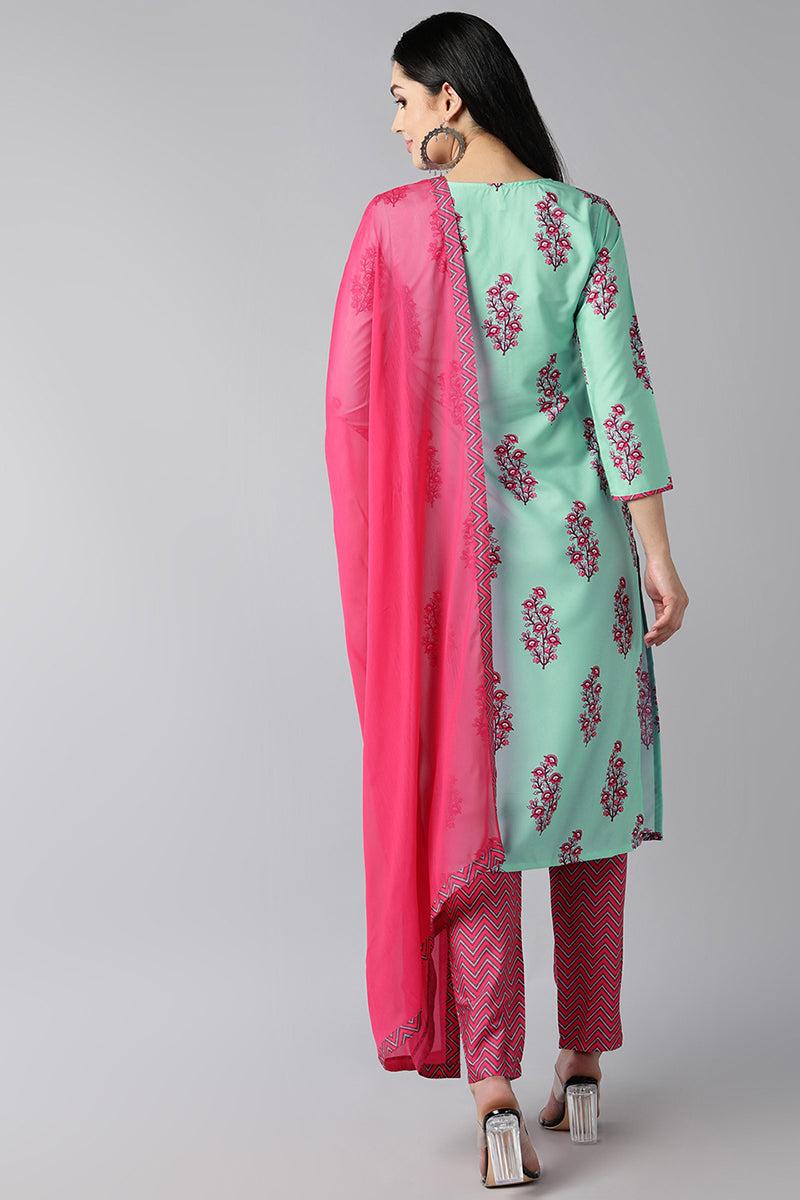  Women Sea Green Floral Printed Regular Kurta with Trousers With Dupatta Set