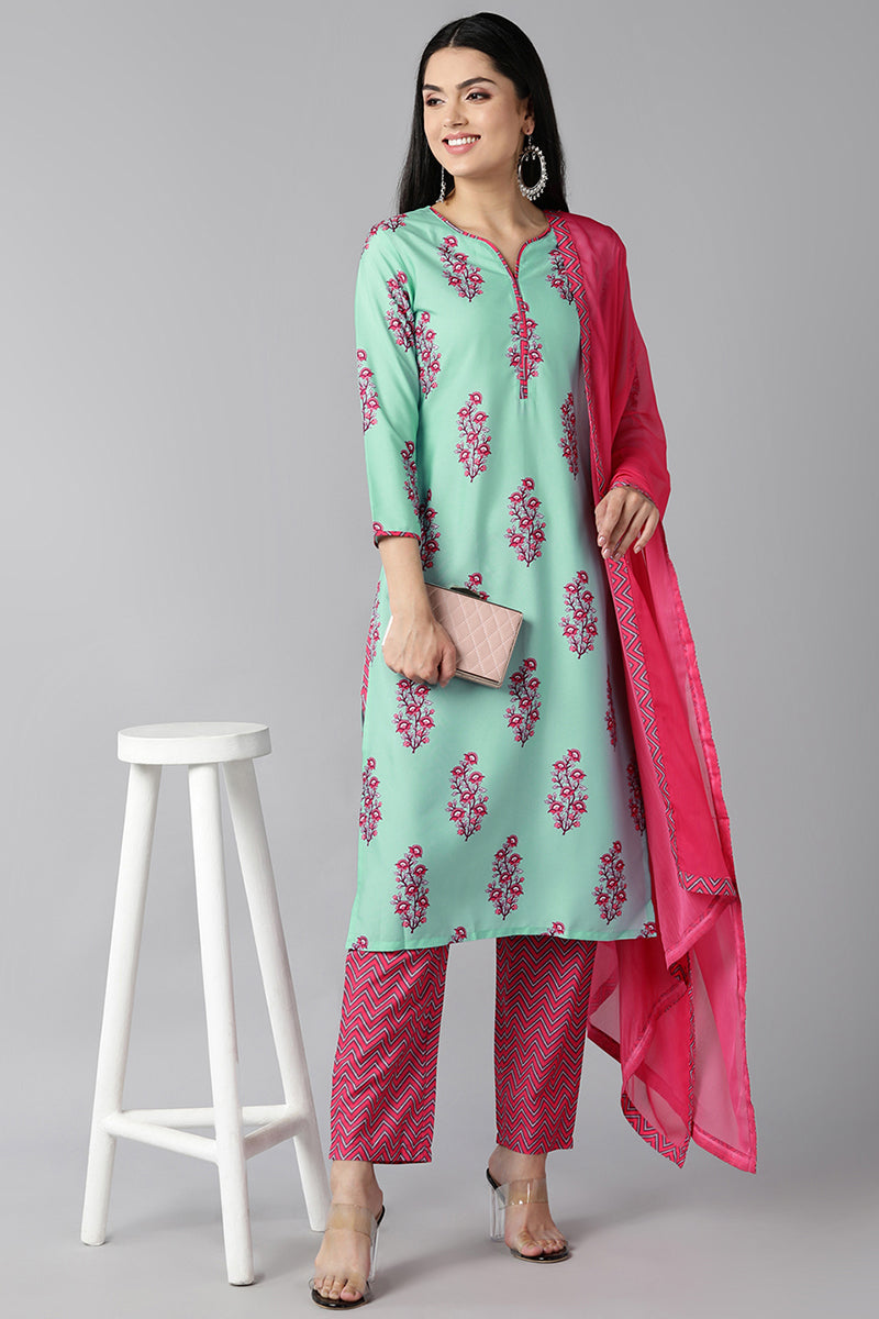  Women Sea Green Floral Printed Regular Kurta with Trousers With Dupatta Set