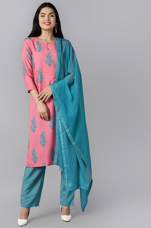  Women Pink Blue Ethnic Motifs Printed Regular Kurta with Trousers With Dupatta Set