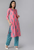  Women Pink Blue Ethnic Motifs Printed Regular Kurta with Trousers With Dupatta Set