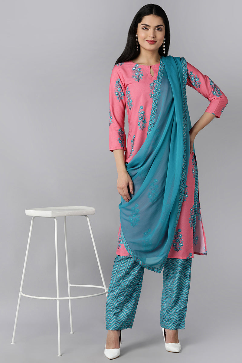  Women Pink Blue Ethnic Motifs Printed Regular Kurta with Trousers With Dupatta Set