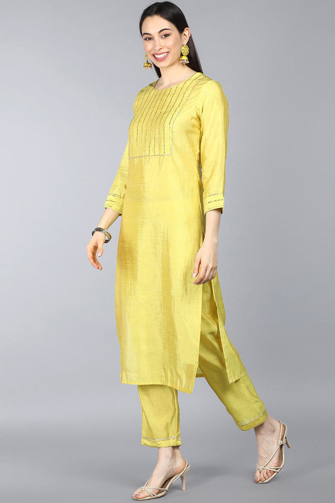  Women Yellow Yoke Design Regular Kurta with Trousers Dupatta Set