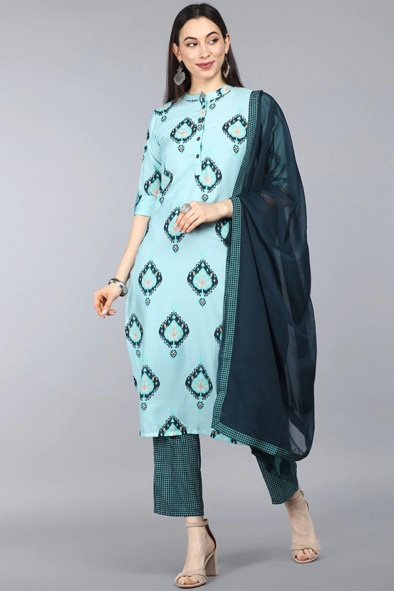  Women Blue Printed Kurta Set With Dupatta