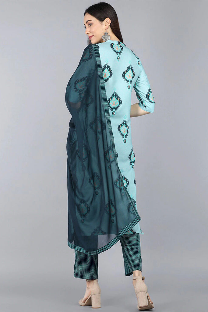  Women Blue Printed Kurta Set With Dupatta