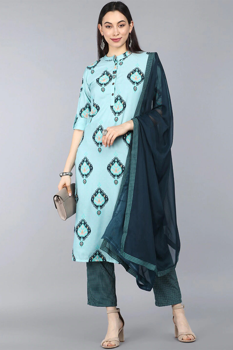  Women Blue Printed Kurta Set With Dupatta