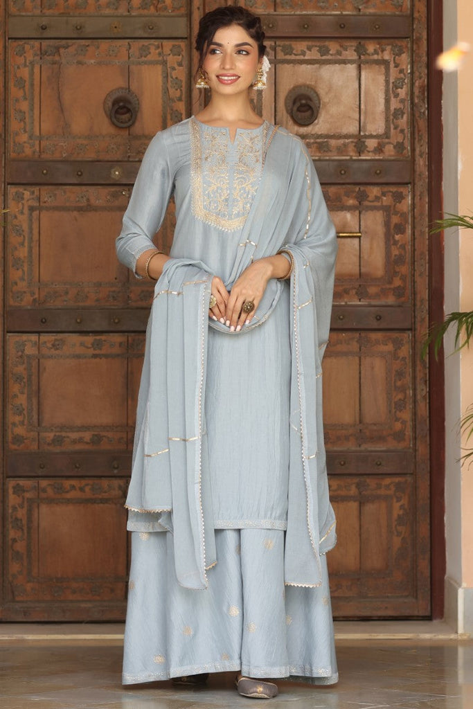  Women Grey Yoke Design Kurta With Sharara Dupatta