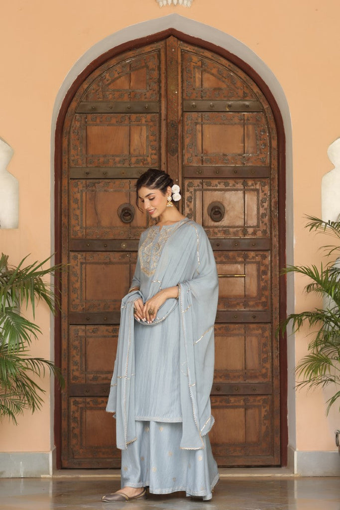  Women Grey Yoke Design Kurta With Sharara Dupatta