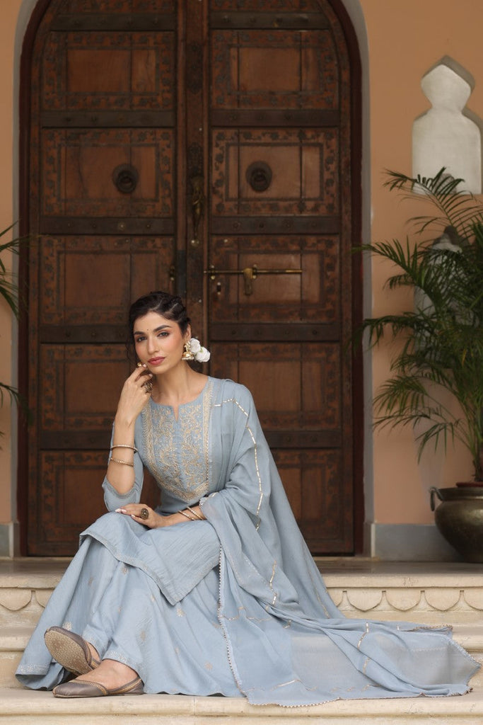  Women Grey Yoke Design Kurta With Sharara Dupatta