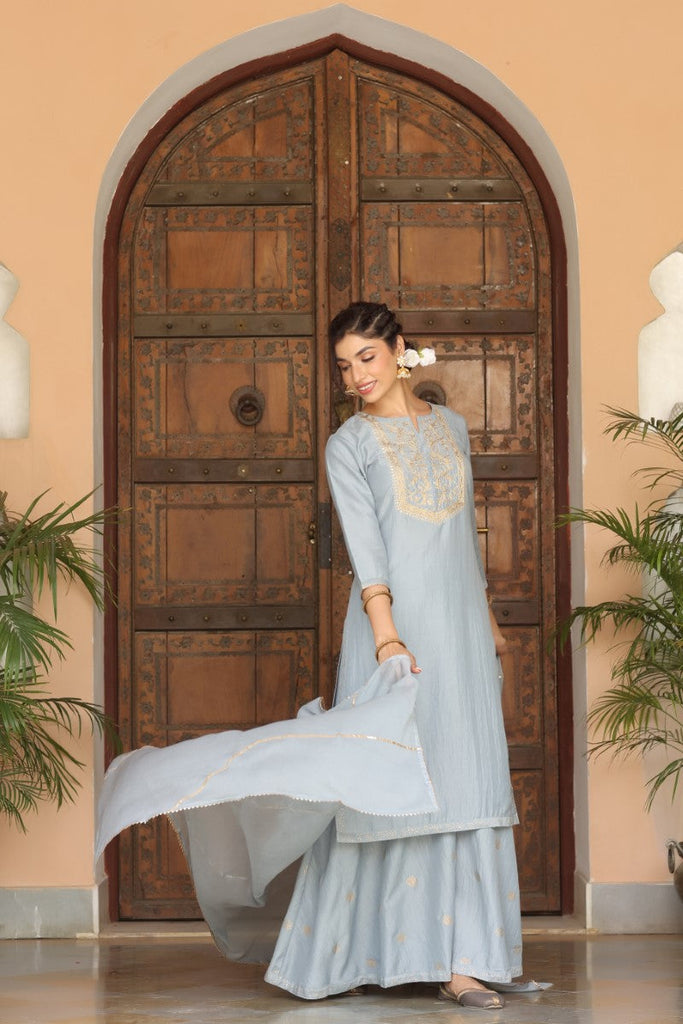  Women Grey Yoke Design Kurta With Sharara Dupatta