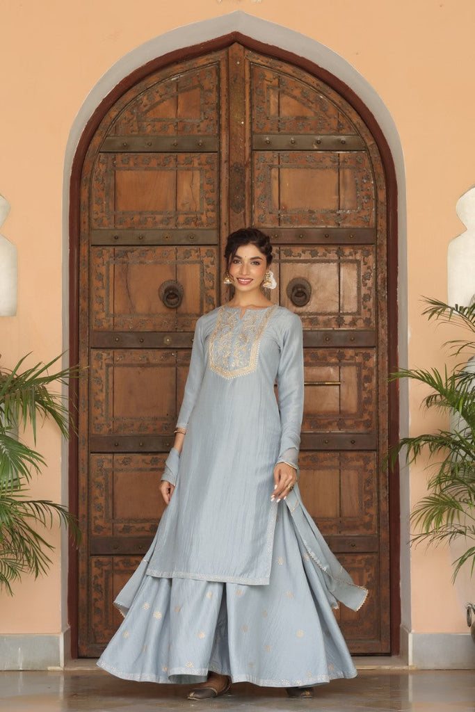  Women Grey Yoke Design Kurta With Sharara Dupatta