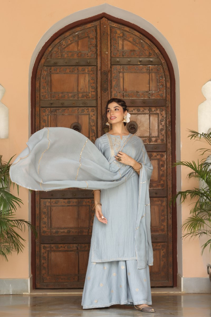  Women Grey Yoke Design Kurta With Sharara Dupatta