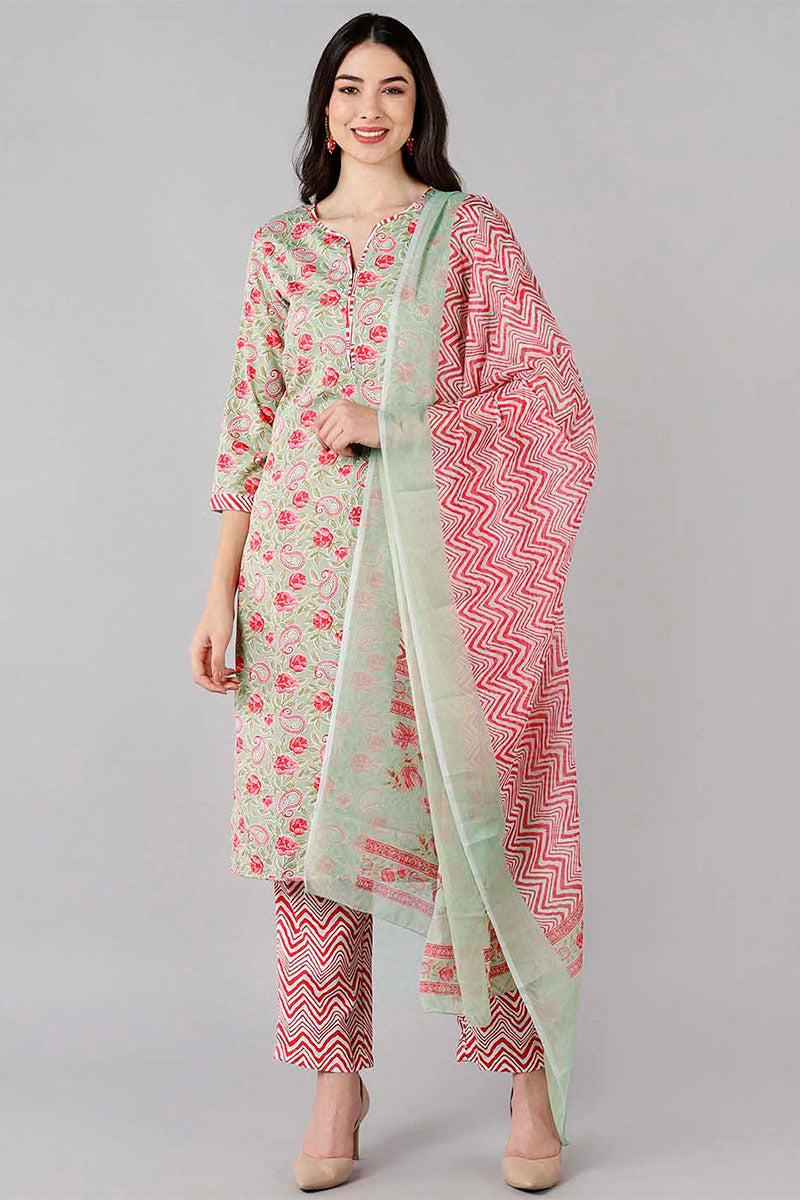  Women Olive Paisley Printed Kurta Trousers With Dupatta