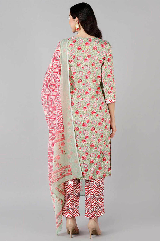  Women Olive Paisley Printed Kurta Trousers With Dupatta