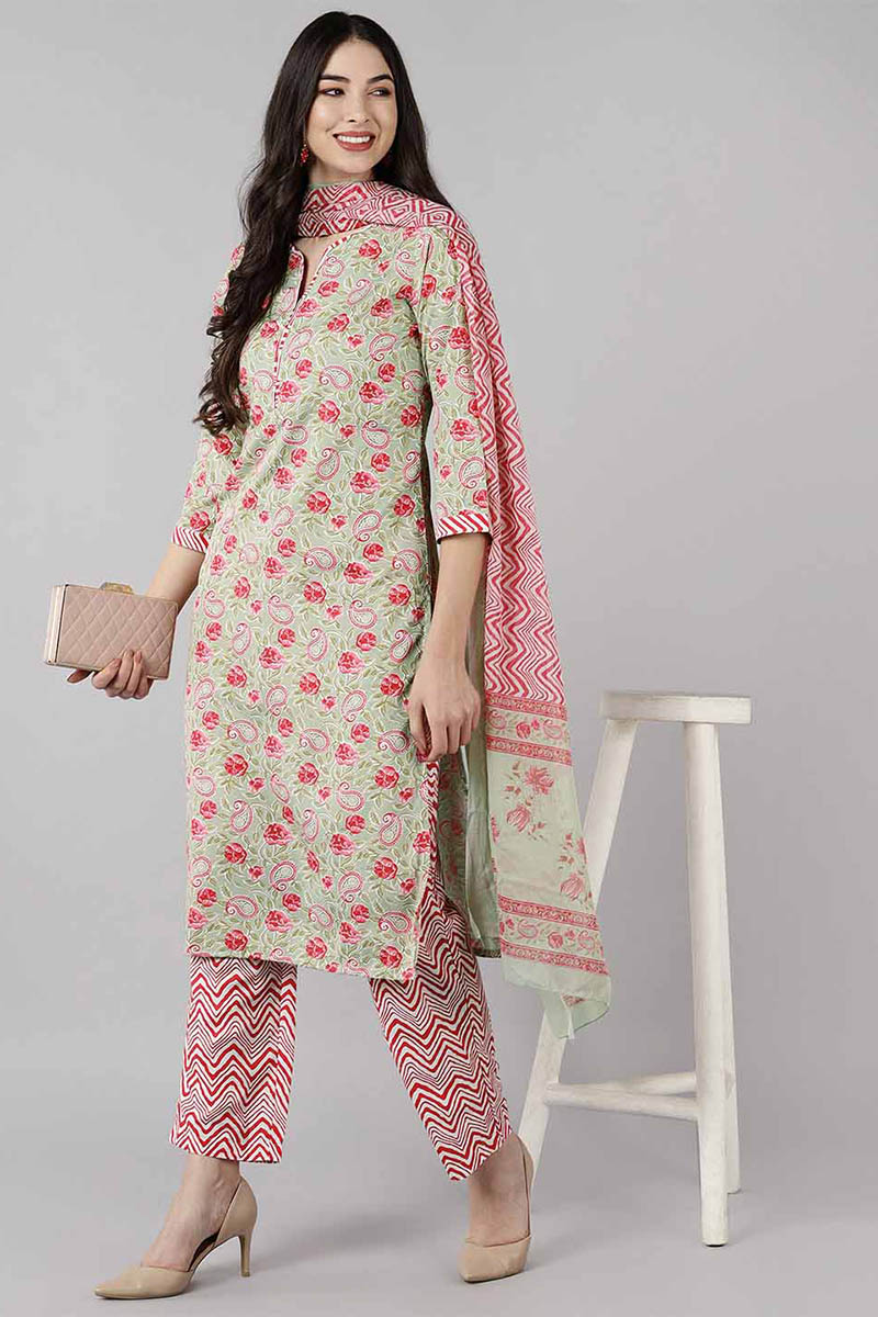  Women Olive Paisley Printed Kurta Trousers With Dupatta