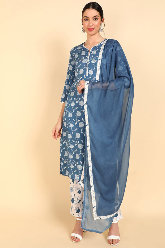  Women Blue Printed Kurti Trousers With Dupatta