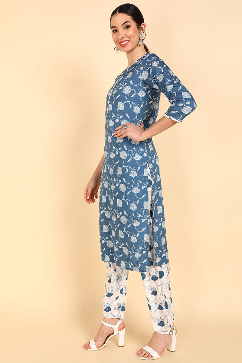  Women Blue Printed Kurti Trousers With Dupatta