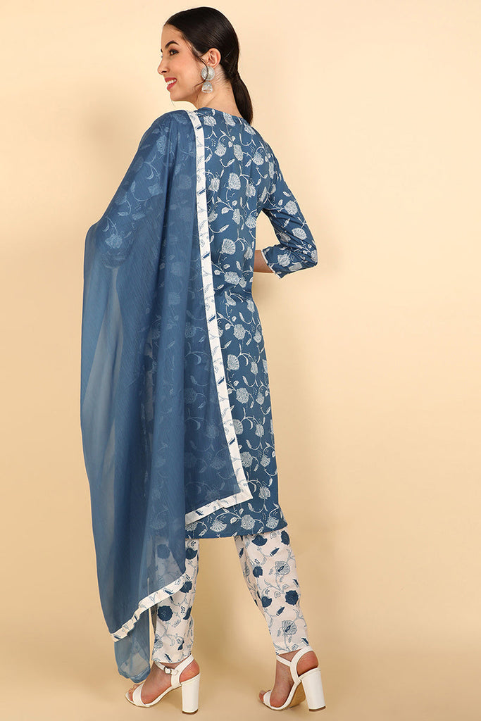  Women Blue Printed Kurti Trousers With Dupatta