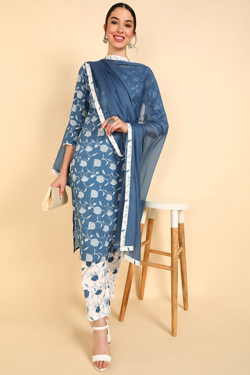  Women Blue Printed Kurti Trousers With Dupatta