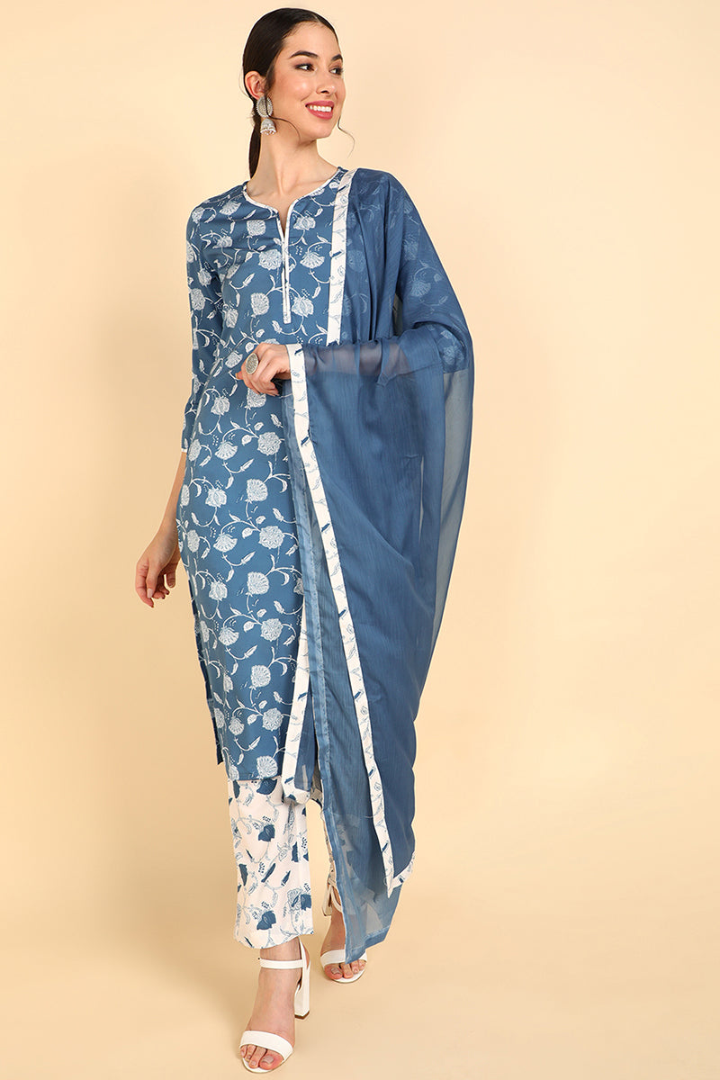  Women Blue Printed Kurti Trousers With Dupatta