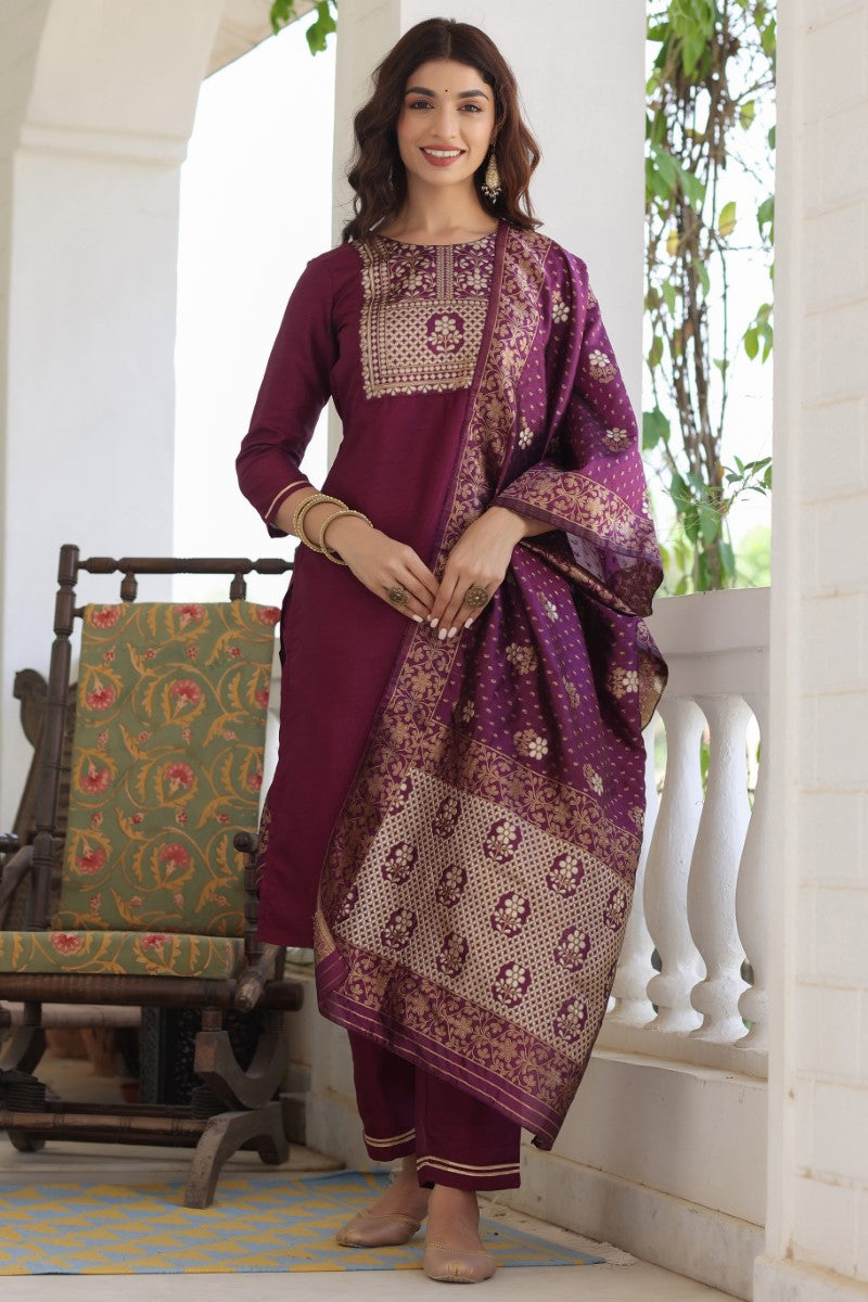 Burgundy Floral Printed Kurta with Trousers With Dupatta