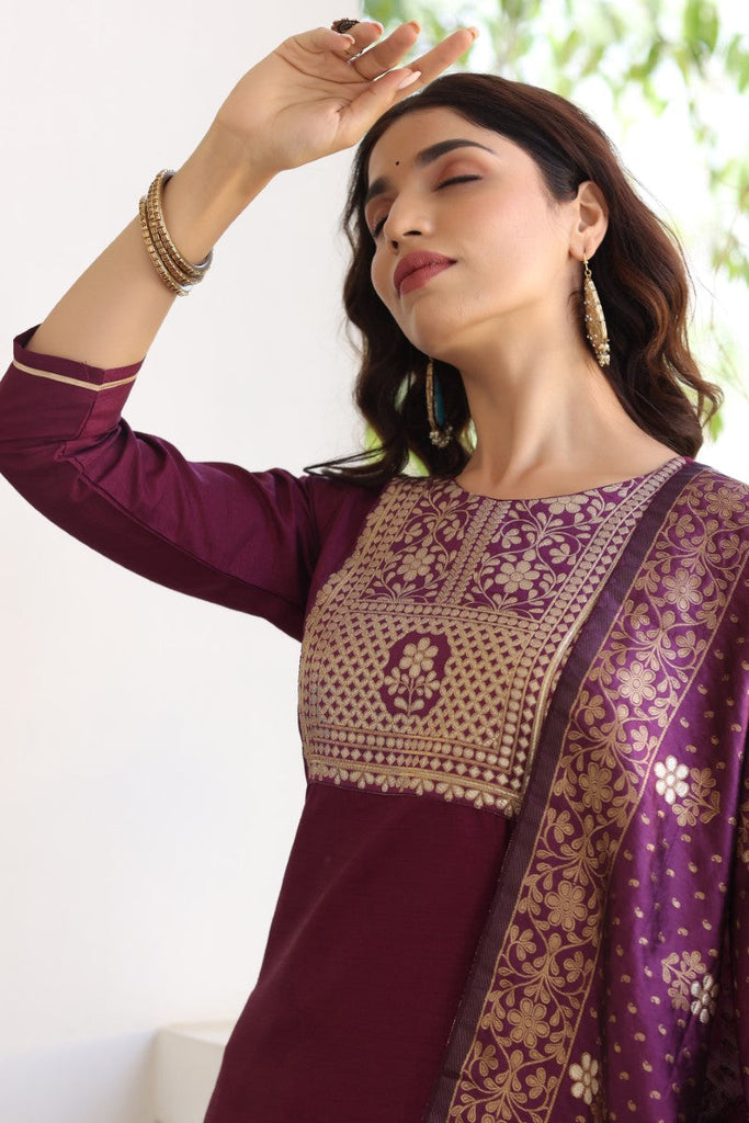 Burgundy Floral Printed Kurta with Trousers With Dupatta