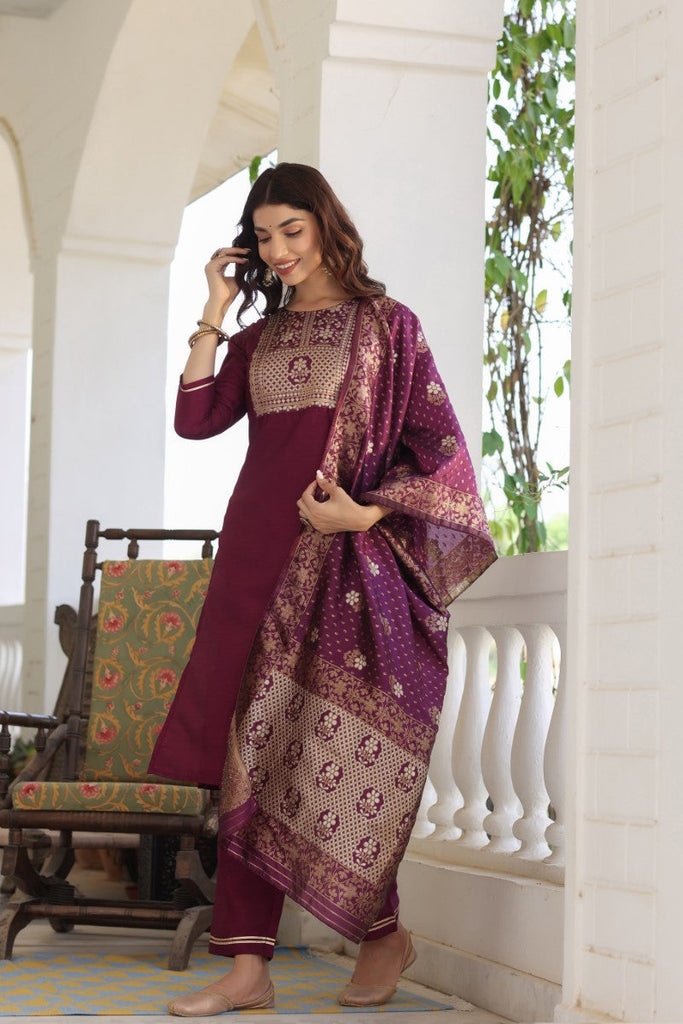 Burgundy Floral Printed Kurta with Trousers With Dupatta