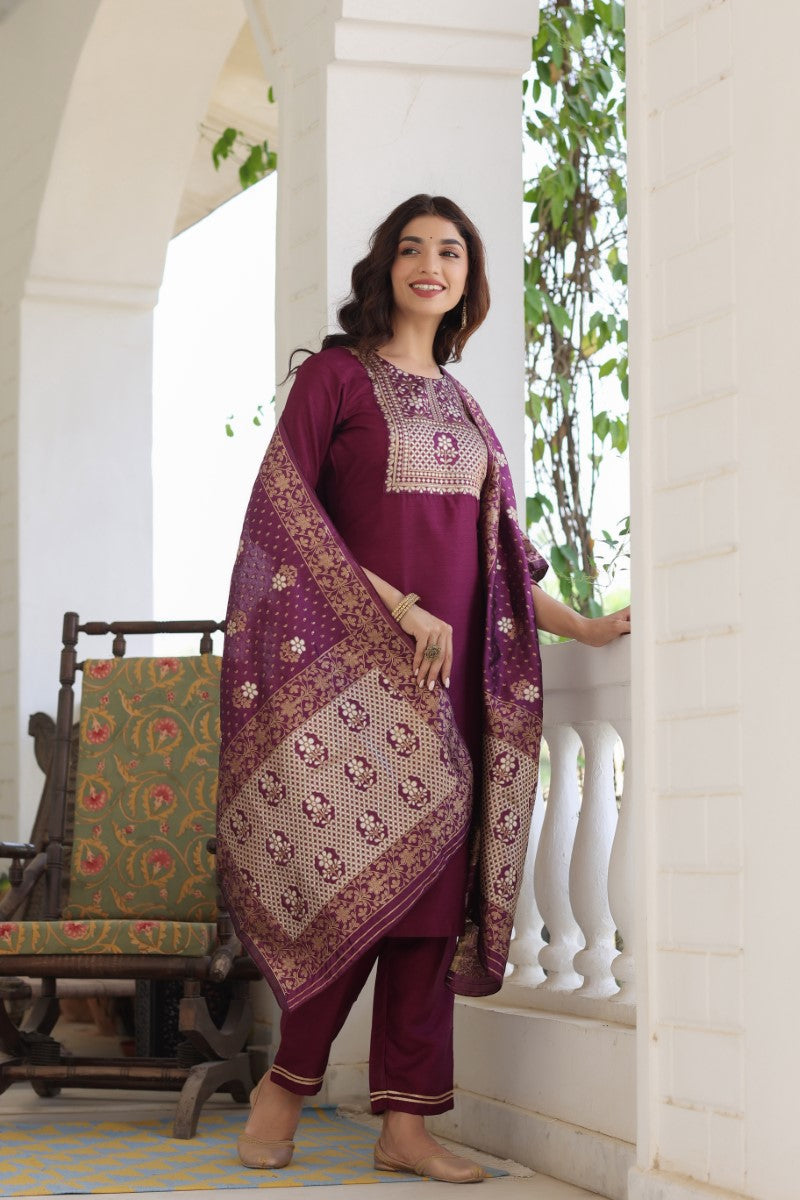 Burgundy Floral Printed Kurta with Trousers With Dupatta