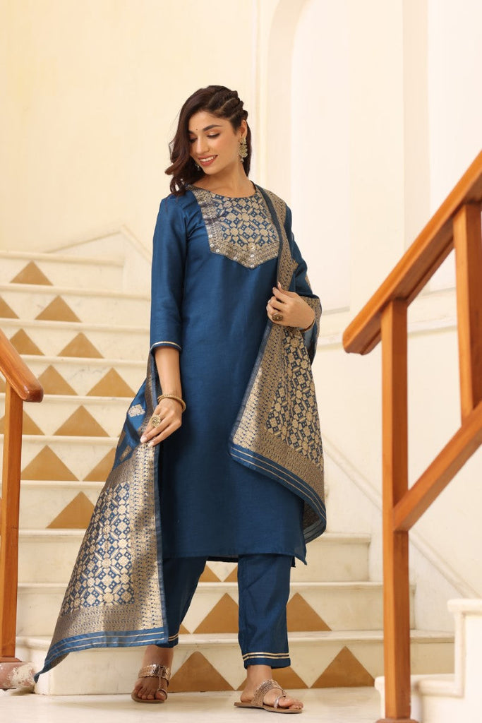  Women Teal Ethnic Motifs Yoke Design Kurta with Trousers With Dupatta